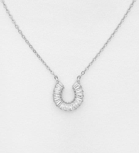 925 Sterling Silver Stone Set Pendant & Chain With Horseshoe Decorated with CZ Simulated Diamonds
